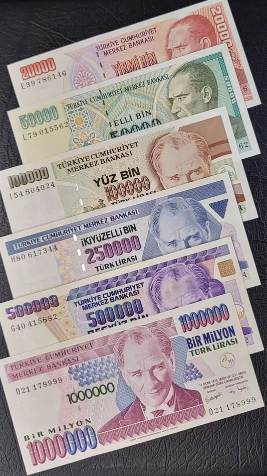 Set of 20000 to one million (20000, 50000, 100000, 250000, 500000 and 1000000 Lira Turkey Türkiye Uncirculated UNC (six banknotes)- rare