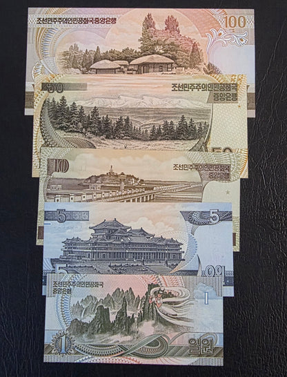 Korea 1, 5, 10, 50 and 100 Won 1992- 1998 Uncirculated (UNC) (5 banknotes)