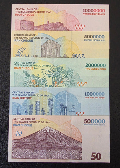 Persian Rials Full set 500000, 1000000, 2000000, 5000000, and 10000000 New Version Uncirculated (UNC) (5 notes)