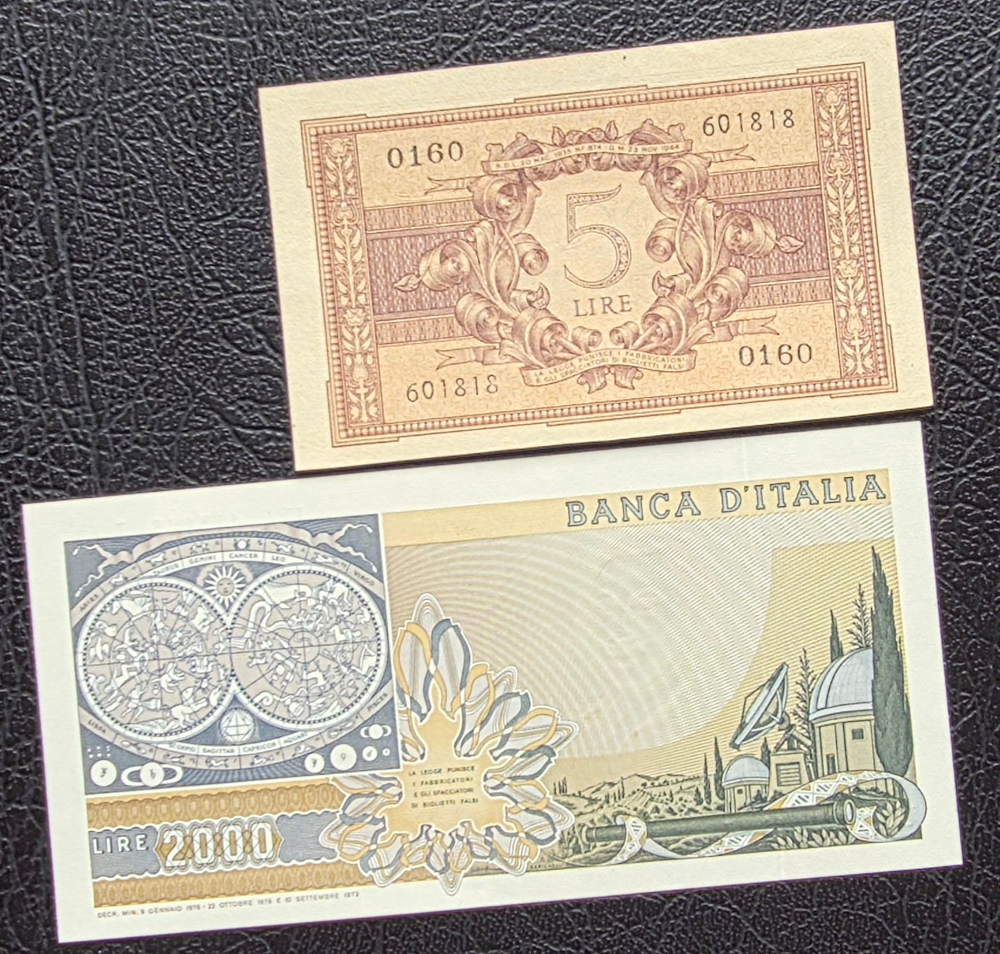 Set of 5, 500, 1000 (×2), 2000(x2), 5000 and 10000 1944- 1990s Lire Italy Italia Gem Uncirculated UNC (8 notes) Rare set