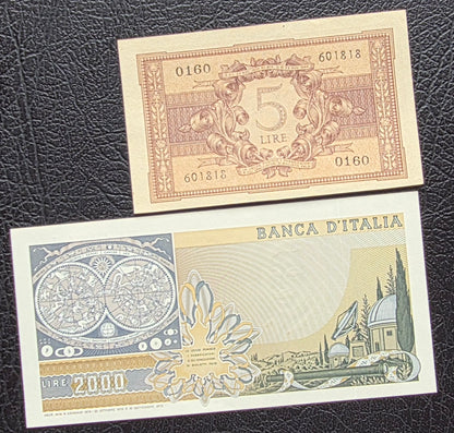 Set of 5, 500, 1000 (×2), 2000(x2), 5000 and 10000 1944- 1990s Lire Italy Italia Gem Uncirculated UNC (8 notes) Rare set