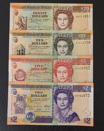 Belize 2, 5, 10, 20 Dollars Uncirculated Gem UNC
