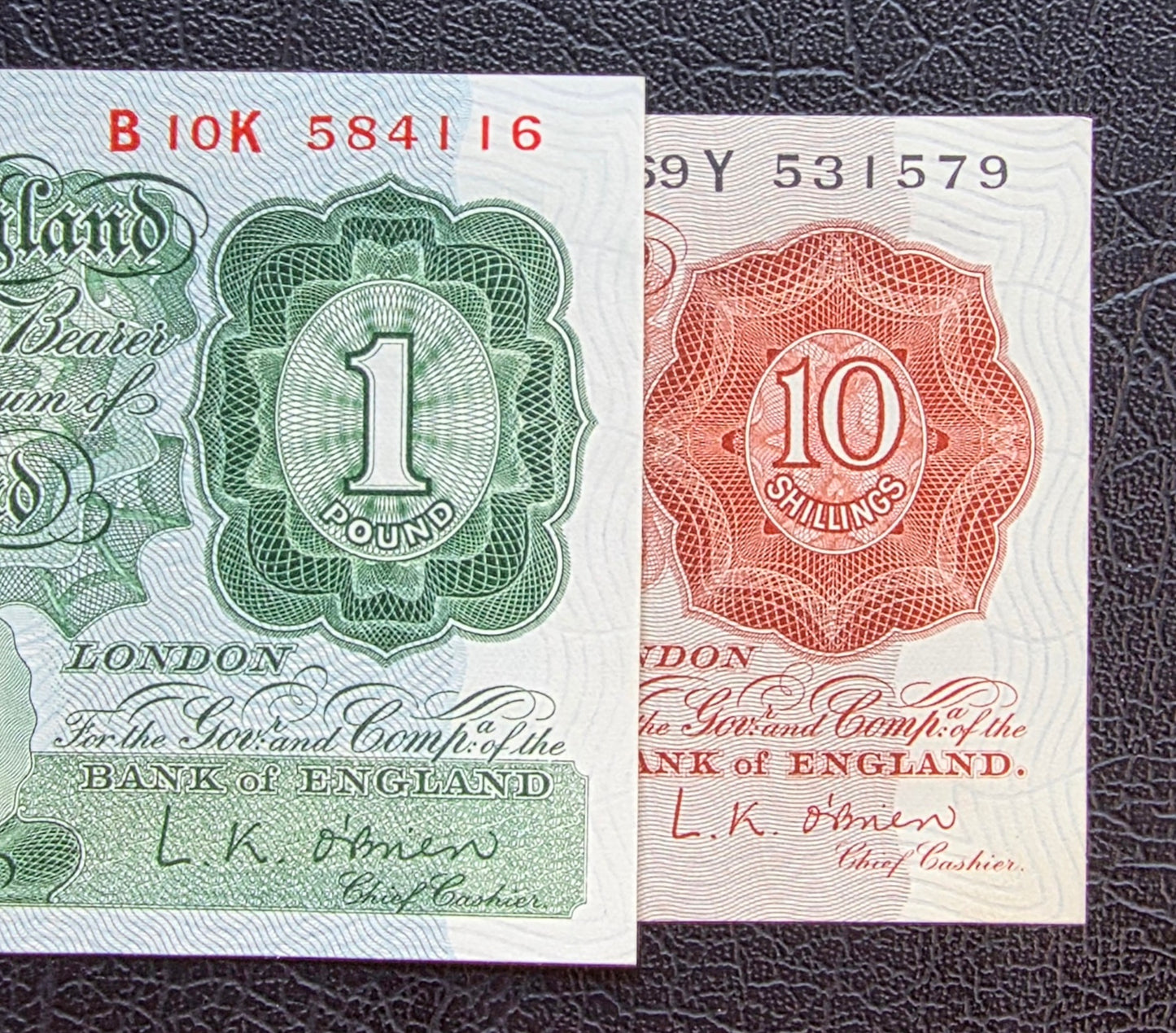 Set of 10 Shillings and One Pound 1955- 1960 Great Britain England Gem Uncirculated O'Brien Signature (two notes)