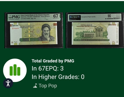 100,000 Rials 2010 Iran Persain Banknote PMG 65- 67 EPQ Superb Gem Uncirculated P 151c (two consecutive notes) Top pop