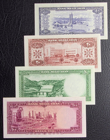 Set of 10, 20, 50 and 100 Rials 1954 (Full set) Pahlavi Persian notes (rare) Uncirculated UNC Gem P64 P65 P66 P67