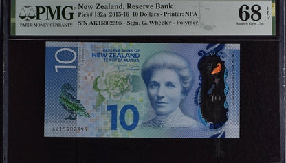 10 Dollars 2015- 2016 New Zealand Pick 192a Superb Uncirculated UNC PMG 68 EPQ