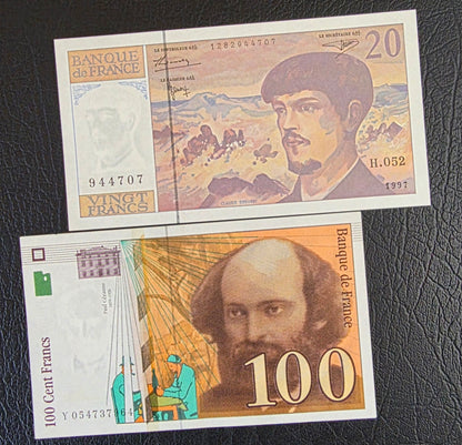 France 20 and 100 Francs 1997- 98 Pre- Euro About Uncirculated to Uncirculated (TWO notes)