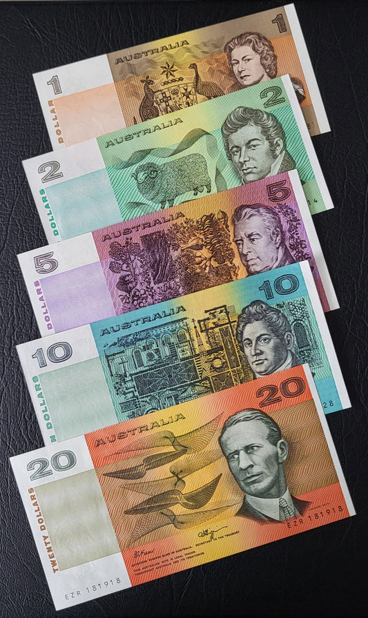 Set of 1, 2, 5, 10 and 20 Dollars 1980- 1990s Australia Uncirculated UNC Gem