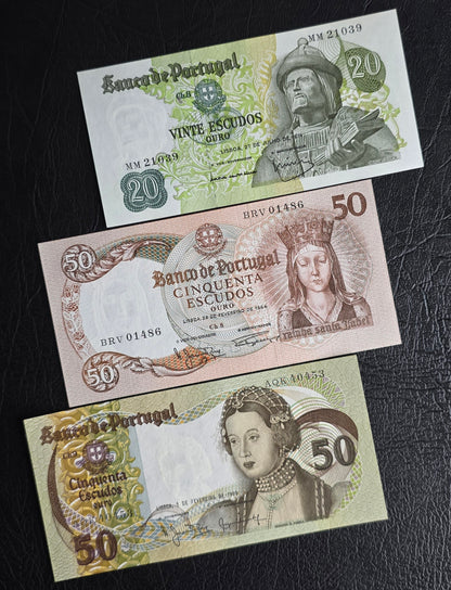 Set of 20, 50 (×2) and 100 (x2) Escudos 1964- 1985 Portugal Uncirculated UNC (Five notes)
