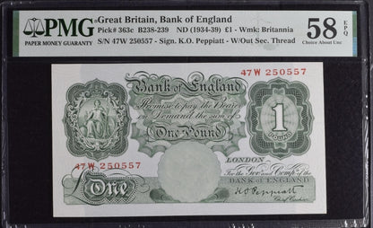 One Pound 1934-39 Great Britain 🇬🇧 Bank of England P 363c PMG 58 EPQ