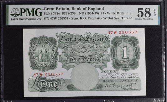 One Pound 1934-39 Great Britain 🇬🇧 Bank of England P 363c PMG 58 EPQ