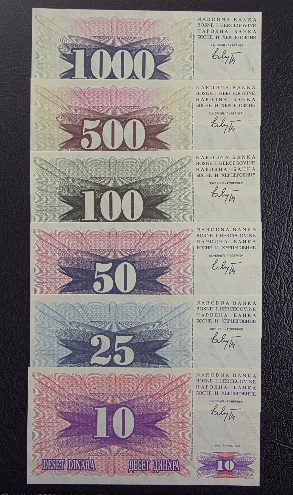 Bosnia set of 10, 25, 50, 100, 500 and 1000 Dinara 1992 Gem Uncirculated UNC (six notes)