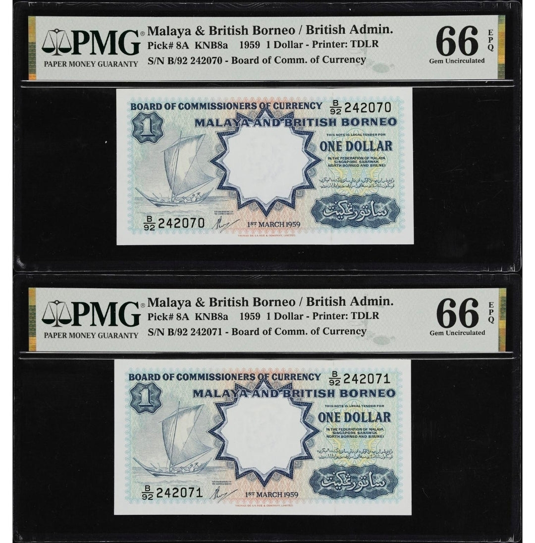 One Dollar 1959 Malaya & British Borneo  PMG 66 EPQ Gem Uncirculated UNC (Consecutive notes)