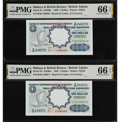 One Dollar 1959 Malaya & British Borneo  PMG 66 EPQ Gem Uncirculated UNC (Consecutive notes)
