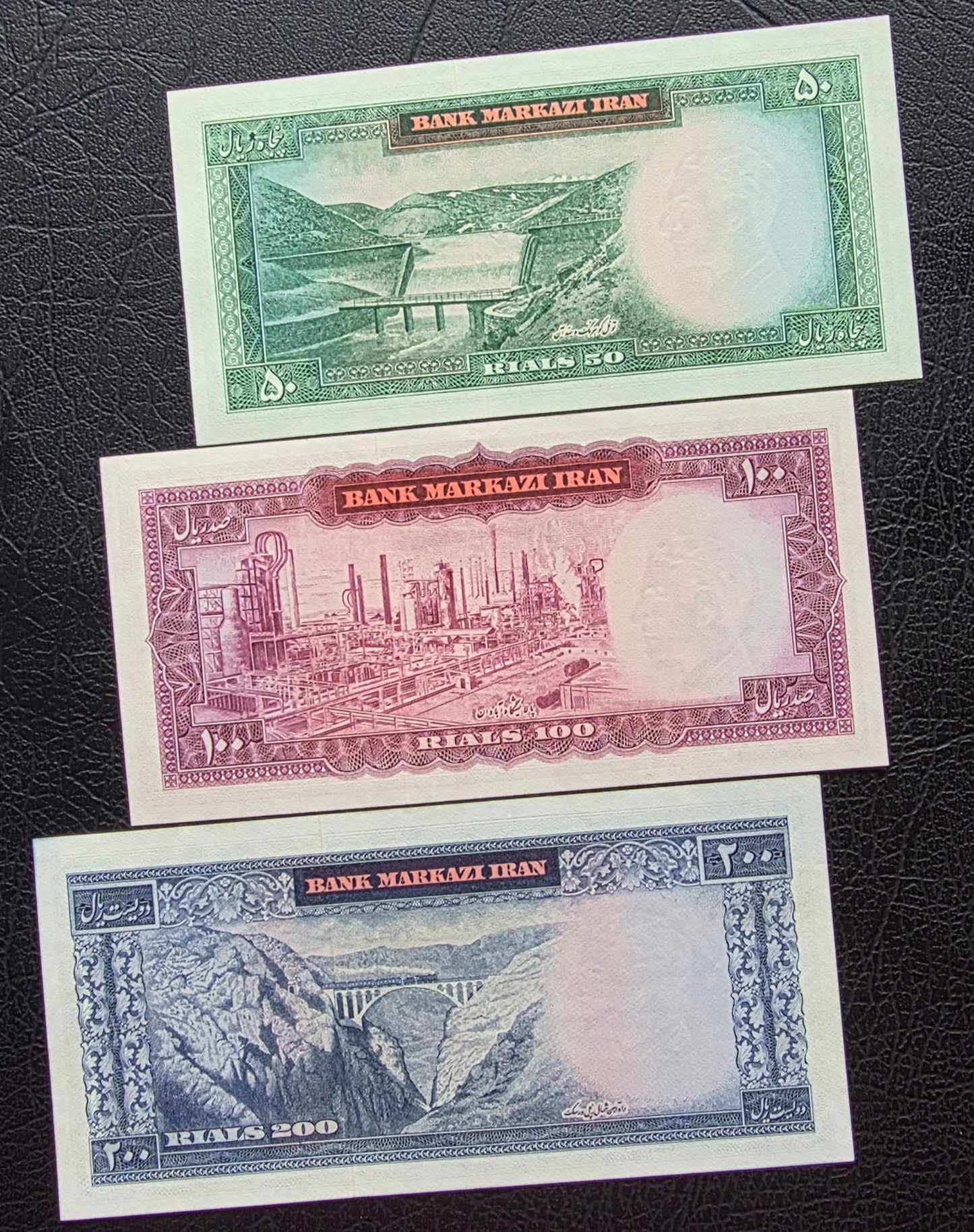 Set of 50, 100 and 200 Rials Monarchy Portrait Farmanfarmaian sign. 1971 Gem Uncirculated UNC (Rare)