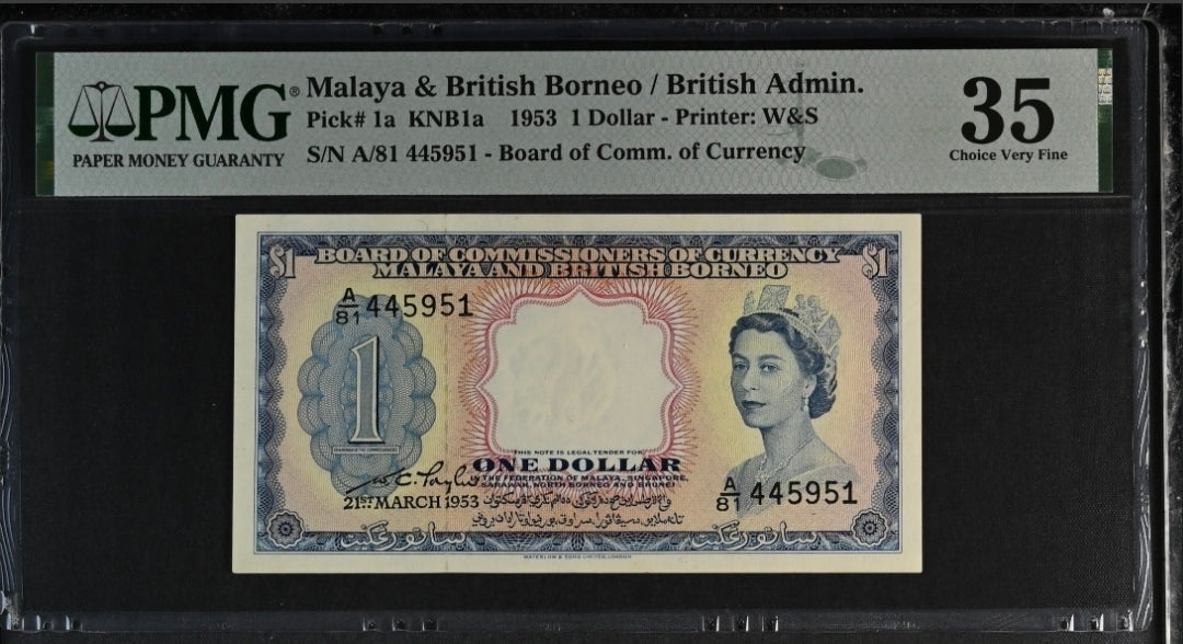 Malaya and British Borneo one Dollar 1953 Pick 1a PMG 35
