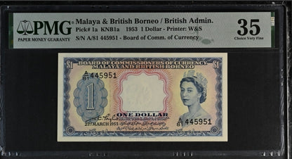 Malaya and British Borneo one Dollar 1953 Pick 1a PMG 35