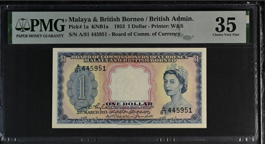 Malaya and British Borneo one Dollar 1953 Pick 1a PMG 35