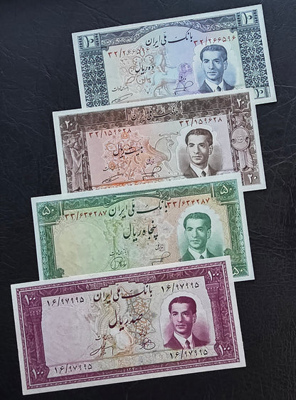Pahlavi Shah set of 10, 20, 50 and 100 Rials 1951- 1953 Extremly fine (XF) to Uncirculated (UNC)