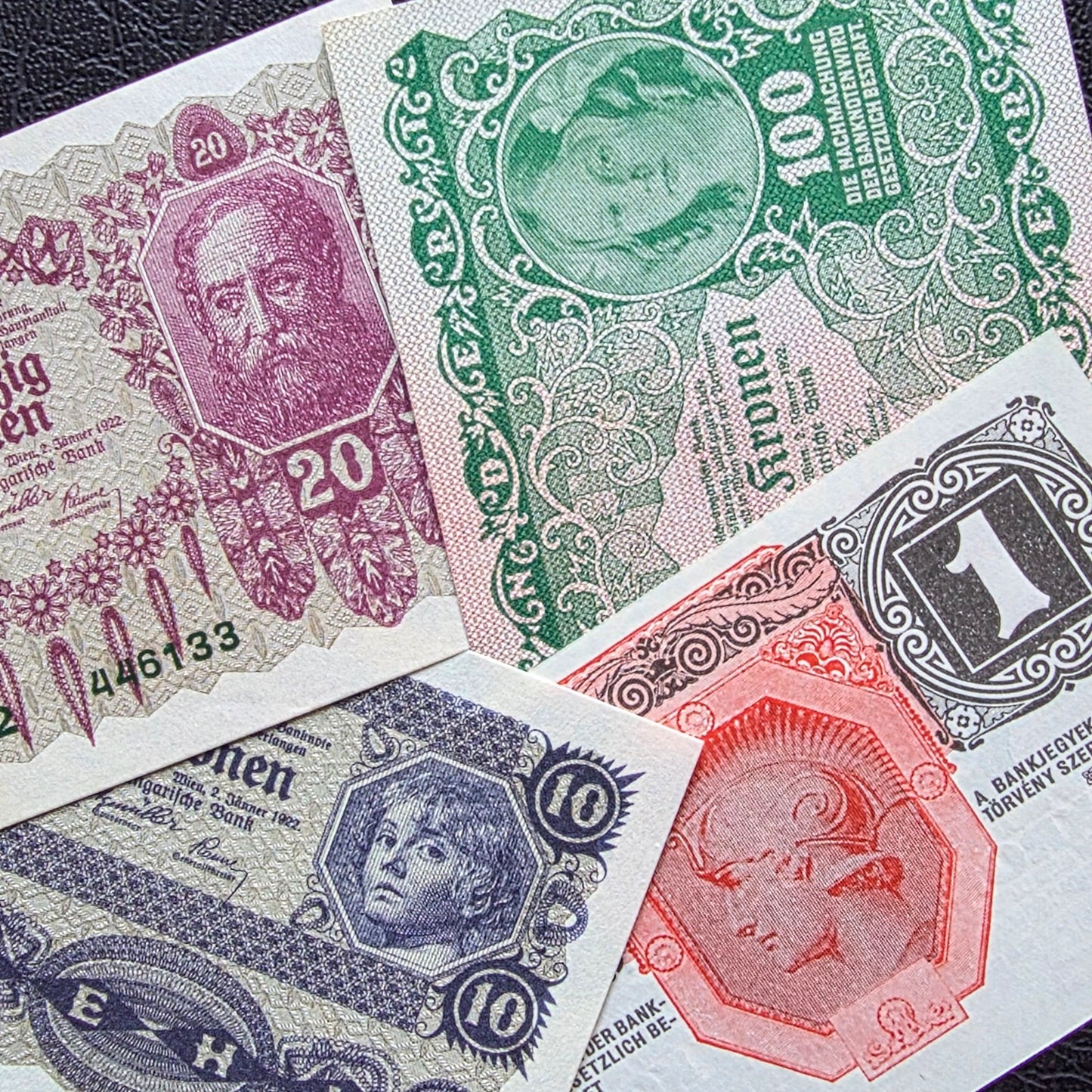 Austria set of 1, 10, 20 and 100 Krone 1916- 1922 Uncirculated (UNC) (Four notes)