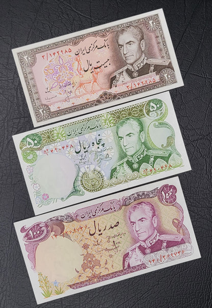 Set of 20, 50, 100, 200, 500 and 1000 Rials Pahlavi Shah Persian notes Uncirculated UNC Gem- Unique Gift set