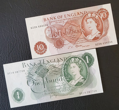 Set of 10 Shillings and 1 Pound 1966- 1970 Great Britain Bank of England Uncirculated UNC GEM (two banknotes)