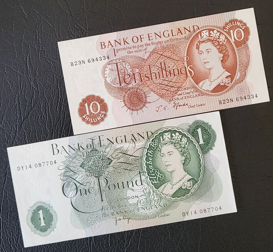 Set of 10 Shillings and 1 Pound 1966- 1970 Great Britain Bank of England Uncirculated UNC GEM (two banknotes)