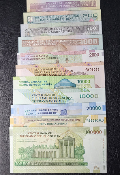 Full Set of 100, 200, 500, 1000, 2000, 5000, 10000 (2), 20000, 50000 and 100000 Rials 1985-2020 Iran Persian banknotes Uncirculated UNC Gem  (11 banknotes)