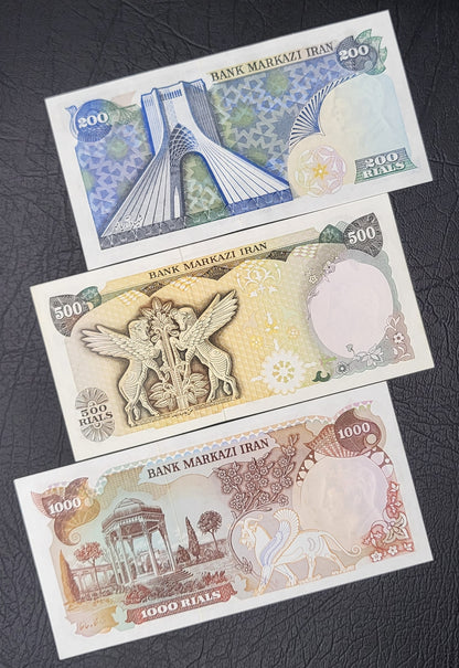 Set of 20, 50, 100, 200, 500 and 1000 Rials Pahlavi Shah Persian notes Uncirculated UNC Gem- Unique Gift set