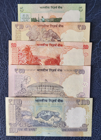 set of 5, 10, 20, 50 and 100 Rupees India Uncirculated