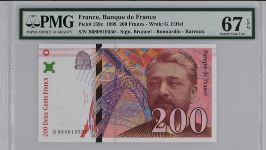 200 Francs 1999 France P 159c  Eiffel Uncirculated PMG 67 EPQ