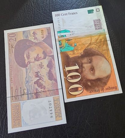 France 20 and 100 Francs 1997- 98 Pre- Euro About Uncirculated to Uncirculated (TWO notes)