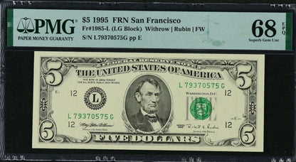 5 Dollars 1995 United States San Francisco USA PMG 68 EPQ Superb  UNC Top Pop