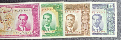 Set of 10, 20, 50 and 100 Rials 1953 Pahlavi Persian notes Uncirculated UNC