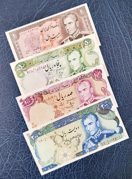 Set of 20, 50, 100, and 200 Rials Pahlavi Shah Persian notes Uncirculated UNC- Unique Gift set