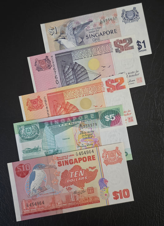 Singapore set of 1 and 2 (x2), 5 and 10 Dollars 1976- 1998 Singapore notes Gem Uncirculated UNC (5 banknotes)