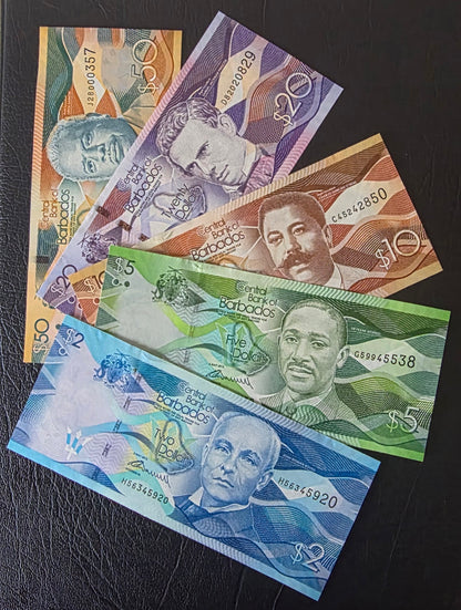 Barbados 2, 5, 10, 20 and 50 Dollars 2013 Uncirculated UNC (5 notes)