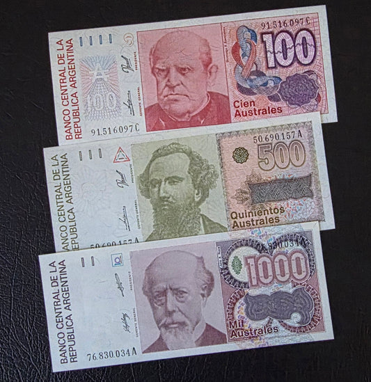 Argentina Australs set of 100, 500 and 1000  Australs 1980s Gem Uncirculated UNC (3 banknotes)