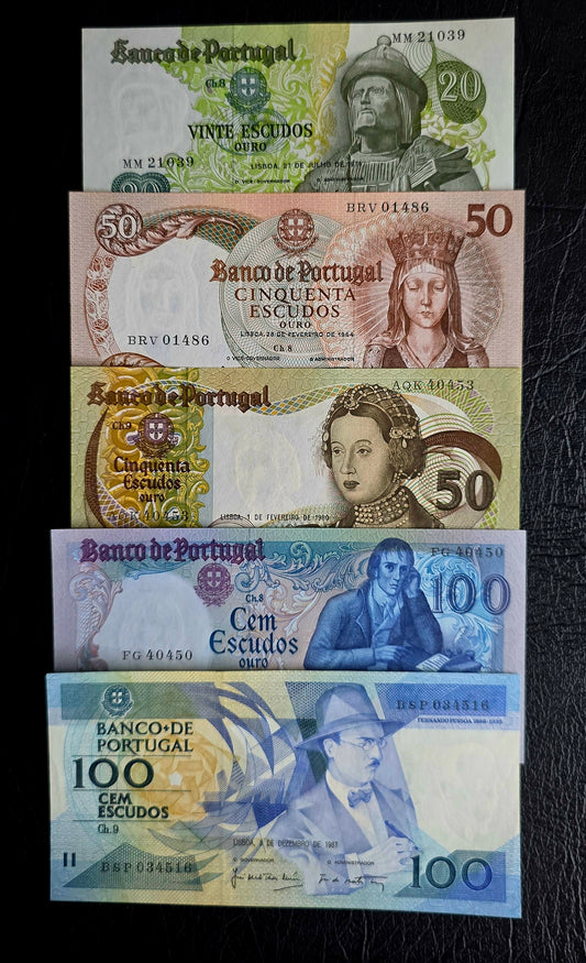 Set of 20, 50 (×2) and 100 (x2) Escudos 1964- 1985 Portugal Uncirculated UNC (Five notes)
