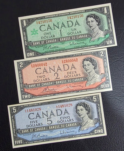 Set of 1, 2 and 5 Dollars 1954- 1967 (three notes) Chronological order Canada Gem Uncirculated (UNC)