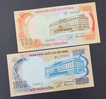 Set of 1, 2, 5, 50, 100, 500 and 1000 Dong Vietnam Uncirculated UNC (7 notes)