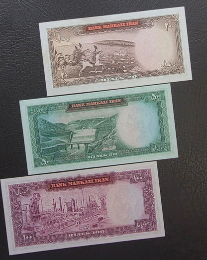 20, 50, 100, 200, 500 and 1000 Rials 1969- 1971 Monarchy Portrait notes About Uncirculated (AUNC) to Gem Uncirculated (UNC)