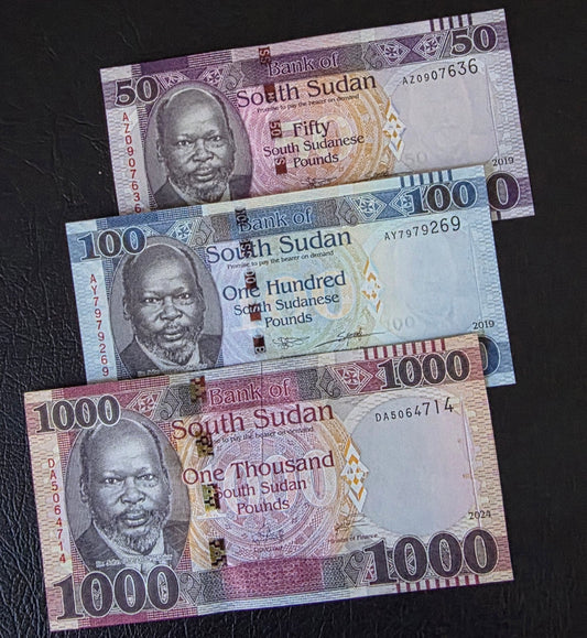 South Sudan set of 50, 100 and 1000 Pounds 2019- 2024 Gem Uncirculated UNC (3 banknotes)