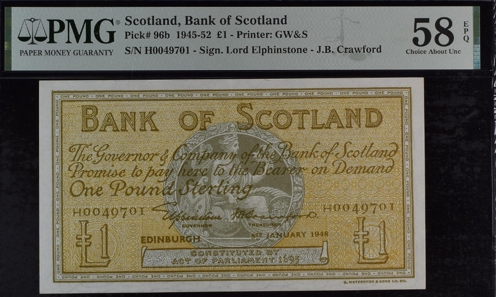 One Pound 1945 Scotland Pick 96b About Uncirculated AUNC PMG 58 EPQ