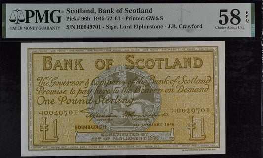 One Pound 1945 Scotland Pick 96b About Uncirculated AUNC PMG 58 EPQ