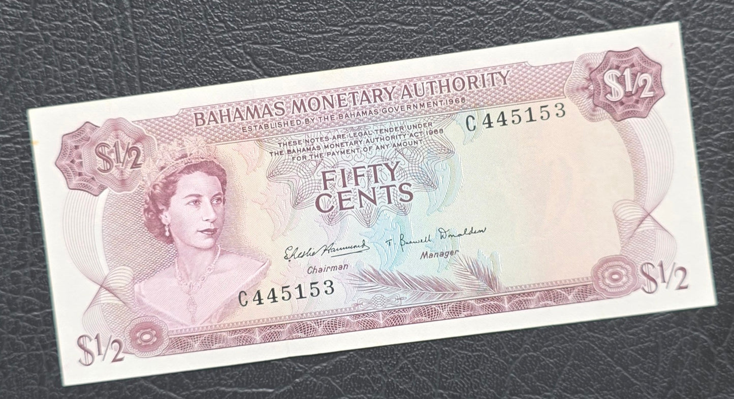 One 1/2 and 1 Dollar 1968- 74 Bahamas British Colony Uncirculated UNC (two notes)