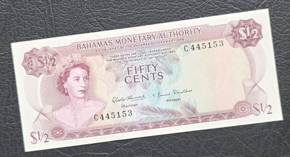 One 1/2 and 1 Dollar 1968- 74 Bahamas British Colony Uncirculated UNC (two notes)