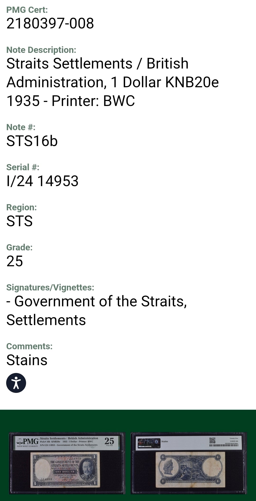 Straits Settlements/British Administration one Dollar 1935 Pick 16b PMG 25