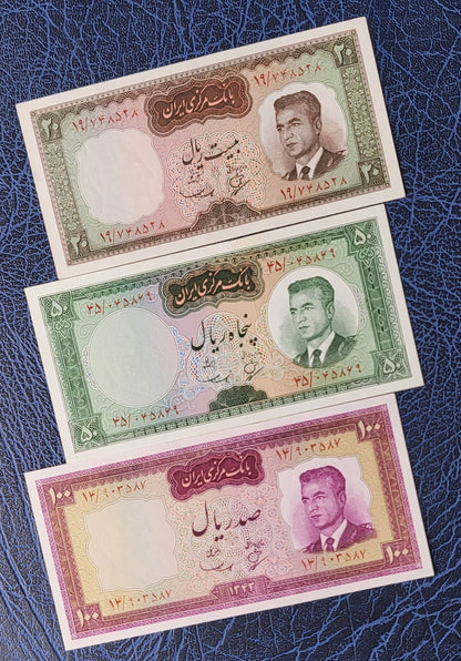 Set of 20, 50 and 100 Rials 1963- 1965 Pahlavi Persian notes Uncirculated UNC Superb P 78a P 79a P 77
