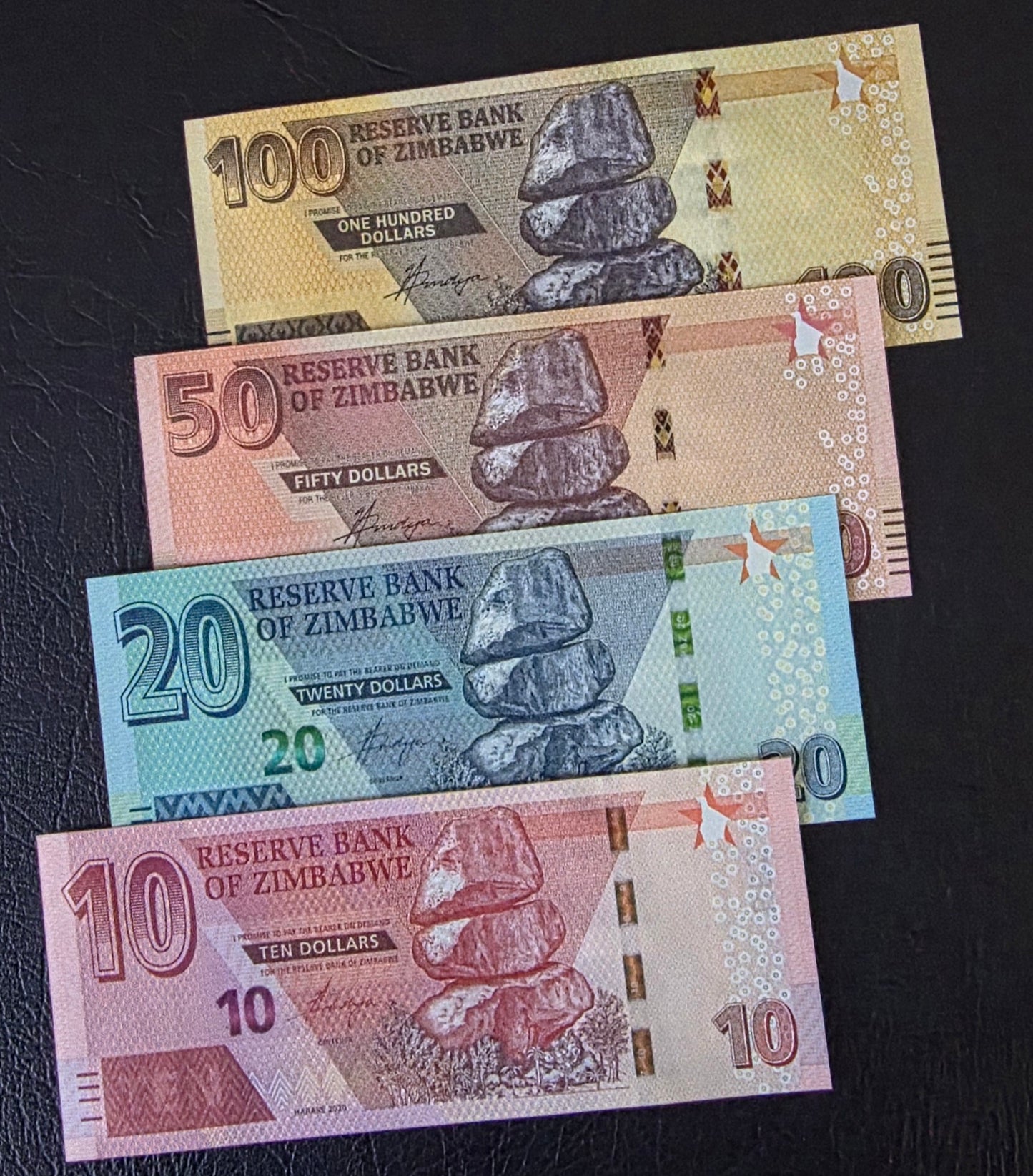 Zimbabwe Dollars set of 10, 20, 50, and 100 Dollars 2020 Gem Uncirculated UNC (4 banknotes)